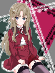  1girl abiko_hiromi absurdres arm_at_side assault_lily belt belt_buckle blue_eyes blush brown_hair brown_sailor_collar brown_thighhighs buckle buttons closed_mouth commentary cowboy_shot ebisu_nobu flower frilled_shirt_collar frills garter_straps green_background grey_background hair_flower hair_ornament hand_on_lap high-waist_skirt highres invisible_chair kanba_girls_high_school_uniform lace_background long_hair long_sleeves looking_at_viewer miniskirt neck_ribbon parted_bangs partially_unbuttoned pink_background red_belt red_ribbon red_shirt red_skirt ribbon sailor_collar school_uniform serafuku shirt sitting skirt smile solo thigh-highs very_long_hair white_flower white_shirt x_hair_ornament 