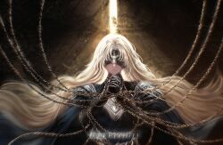  1girl armor black_gloves black_robe blindfold breastplate cassie_(shadow_slave) chain commentary crack_of_light curtained_hair english_commentary facing_viewer gloves glowing glowing_hair highres illithii long_hair own_hands_clasped own_hands_together robe shadow_slave shoulder_armor solo upper_body very_long_hair 