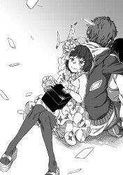  1boy 2girls back-to-back bare_shoulders bloomers blush box closed_mouth commentary_request detached_collar dion_fortune dress flower frilled_cuffs frilled_dress frills greyscale haimura_kiyotaka hair_flower hair_ornament halftone_dot_(medium) hamazura_shiage highres holding holding_box hood hood_down hug knee_up looking_at_viewer monochrome multiple_girls novel_illustration official_art pants pantyhose platform_sandals sandals shirt short_dress short_hair sitting sleeveless sleeveless_dress smile takitsubo_rikou tiptoes toaru_majutsu_no_index toaru_majutsu_no_index:_new_testament veil white_background white_dress 