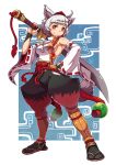  absurdres adapted_costume animal_ears detached_sleeves fang hand_on_hip hat highres inubashiri_momiji leg_pads looking_at_viewer no_bra red_eyes sandals short_hair silver_hair solo suneate sword tabi tail taketora tokin_hat touhou weapon wolf_ears wolf_tail 