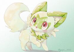  animal_focus artist_collaboration blush cat commentary_request green_background green_theme highres looking_up no_humans pink_eyes pokemon pokemon_(creature) pokemon_focus remedy_matome shadow smile solo sprigatito twitter_username yupo_0322 