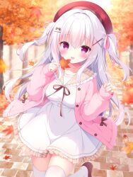  1girl :d autumn autumn_leaves beret blush borrowed_character breasts brown_ribbon brown_sailor_collar brown_shoes buttons cardigan commentary_request cowboy_shot day dress frilled_sailor_collar frills grey_hair hair_ornament hair_ribbon hat highres holding holding_leaf large_breasts leaf long_hair long_sleeves neck_ribbon nekoboshi_yuki open_cardigan open_clothes open_mouth original outdoors pink_cardigan pink_ribbon red_hat ribbon sailor_collar sailor_dress shoes sleeves_past_wrists smile solo thigh-highs two_side_up violet_eyes white_dress white_thighhighs x_hair_ornament zettai_ryouiki 
