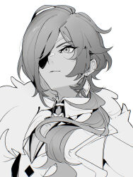  1boy closed_mouth collarbone collared_shirt commentary_request diamond-shaped_pupils diamond_(shape) eyelashes eyepatch genshin_impact hair_behind_ear highres inoooooue kaeya_(genshin_impact) lapels long_hair male_focus notched_lapels one_eye_covered parted_bangs portrait shirt solo symbol-shaped_pupils 