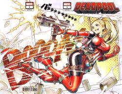  1girl aqua_eyes backpack bag barcode belt black_bodysuit blonde_hair bodysuit breasts bullet character_name commission copyright_logo cover_sketch deadpool_(series) explosive fer_yoshimiya floating_hair grenade grenade_pin grin gun hair_pulled_back hashtag-only_commentary hello_kitty hello_kitty_(character) highres holding holding_grenade holding_gun holding_weapon lady_deadpool large_breasts logo marvel multicolored_bodysuit no_mask ponytail red_bodysuit sanrio smile solo sound_effects submachine_gun sword sword_on_back traditional_media two-tone_bodysuit utility_belt weapon weapon_on_back 