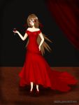  brown_hair dress flamenco flamenco_dancer flower glasses high_heels long_hair nimfpa red red_dress red_rose red_shoes red_wine rose shoes wine 