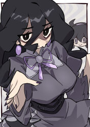  1girl @_@ absurdres bags_under_eyes black_corset commentary_request corset dress earrings ghost_pose hair_between_eyes hex_maniac_(pokemon) hex_maniac_(pokemon_legends:_z-a) hex_maniac_(pokemon_xy) highres jewelry juliet_sleeves large_earrings long_hair long_sleeves looking_at_viewer open_mouth pokemon pokemon_legends:_z-a pokemon_xy puffy_sleeves purple_nails purple_ribbon ribbon solo sphere_earrings sweat yuateheng 