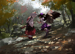  2girls :d absurdres animal_ears black_hair black_skirt black_socks black_wings brown_sandals cellphone checkered_clothes checkered_skirt commentary_request covered_eyes day detached_sleeves falling_leaves feathered_wings flip_phone floating_hair forest geta hat highres himekaidou_hatate holding holding_phone inubashiri_momiji leaf leg_ribbon long_sleeves multiple_girls nature outdoors phone profile purple_hat purple_ribbon purple_skirt red_hat red_skirt ribbon ribbon-trimmed_sleeves ribbon_trim sandals sheath sheathed shield shield_on_back shirt short_hair short_sleeves skirt smile socks standing standing_on_one_leg tail tengu-geta tokin_hat touhou tree two-tone_skirt ushitsuchi white_hair white_shirt white_sleeves white_socks wide_shot wide_sleeves wings wolf_ears wolf_girl wolf_tail 