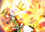  blue_eyes braid clenched_hands fire fist foreshortening frown glowing glowing_eyes green_eyes hair_ribbon hat heterochromia highres hong_meiling red_hair redhead ribbon solo touhou twin_braids yagimiwa 