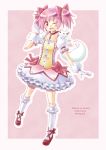  blush bobby_socks bow bubble_skirt gloves hair_bow highres kaname_madoka kneehighs kyubey kyuubee magical_girl mahou_shoujo_madoka_magica open_mouth pink pink_background pink_eyes pink_hair puffy_sleeves satogo shoes short_hair short_twintails skirt smile socks title_drop twintails white_legwear wink 