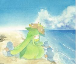  beach biting clouds cloudy_sky commentary_request fins flower highres lilligant monster_girl mudkip no_mouth ocean orange_eyes orange_flower plant_girl shore sky 
