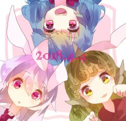  3girls blue_hair commentary_request dated green_eyes green_hair komano_aunn long_hair looking_at_viewer multiple_girls necktie one-hour_drawing_challenge open_mouth paw_pose pink_background purple_hair rabbit_girl red_eyes red_necktie reisen_udongein_inaba rotational_symmetry seiran_(touhou) shinjitsu_no_kuchi touhou upper_body 