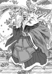  1girl 913kousatu absurdres bead_necklace beads commentary_request corrupted_monk full_body greyscale highres holding holding_polearm holding_weapon japanese_clothes jewelry kimono long_sleeves looking_at_viewer mask masked monochrome naginata necklace oni_mask polearm rope_belt sekiro:_shadows_die_twice solo standing tree weapon wide_sleeves 