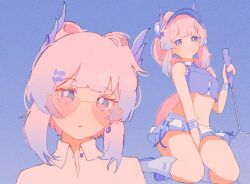  1girl alternate_costume alternate_hairstyle blue_background blunt_bangs bow-shaped_hair cinnie_kinnie crop_top fish_hair_ornament genshin_impact hair_ornament long_hair looking_at_viewer multicolored_eyes multicolored_hair multiple_views pink_eyes pink_hair racket sangonomiya_kokomi shirt simple_background skirt sleeveless sportswear sunglasses tennis tennis_racket tennis_uniform tinted_eyewear very_long_hair violet_eyes 