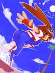  1girl animal_ears ass bodysuit brown_eyes brown_hair bunny_ears coat gloves goggles goggles_on_head happy latex makihara_arina open_mouth running shoes short_hair sky sneakers solo sun sunsoft tree waku_waku_7 