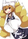  ayase08 blonde_hair blush hands_in_sleeves hands_together hat multiple_tails open_mouth pun2 red_eyes short_hair solo surcoat tail touhou yakumo_ran 