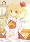  absurdres apron blonde_hair blush bunchou_(bunchou3103) flandre_scarlet highres jewelry no_hat no_headwear open_mouth red_eyes ring side_ponytail smile solo touhou wings 