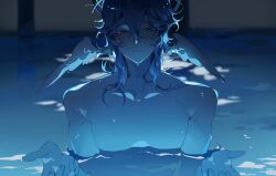  1boy anar_9158 blush chainsaw_man closed_mouth collarbone commentary english_commentary hair_between_eyes halo head_wings highres honkai:_star_rail honkai_(series) i'll_teach_you_everything_(chainsaw_man) light_reflection_(water) light_smile looking_at_viewer male_focus medium_hair no_nipples nude partially_submerged pool scene_reference solo sunday_(honkai:_star_rail) upper_body water wet wet_hair wet_wings wings 