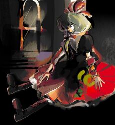  1990s_(style) 1girl 6osquet black_boots boots bow collared_dress dress fluffy_hair frilled_bow frilled_ribbon frills front_ponytail full_body green_eyes green_hair hair_between_eyes hair_bow kagiyama_hina knee_boots looking_ahead looking_down parted_lips petticoat puffy_short_sleeves puffy_sleeves puritan_collar red_bow red_dress red_ribbon retro_artstyle ribbon short_sleeves sitting solo touhou two-tone_dress 