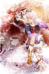  1girl blue_gemstone boots brooch brown_boots dark-skinned_female dark_skin elf elvaan final_fantasy final_fantasy_xi gem jewelry long_hair long_sleeves low-tied_long_hair pointy_ears prishe purple_hair red_ribbon ribbon ruka_(blueplus84) sitting solo violet_eyes 
