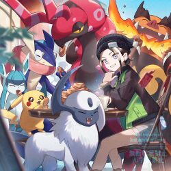  1girl absol beanie black_hat bracelet brown_hair chair commentary_request dated day emboar eyelashes food glaceon green_jacket greninja grin harmony_(pokemon) hat jacket jewelry long_sleeves looking_to_the_side ninahachi outdoors pikachu pokemon pokemon_(creature) pokemon_legends:_z-a scolipede shorts sidelocks sitting smile table teeth twitter_username watermark 