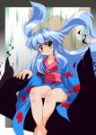  bad_id blue_hair blush green_eyes japanese_clothes original sashiromiya_sasha solo tama_home touhou 