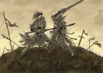  armor arthur_pendragon bahamutxiii battle battlefield full_armor gauntlets helmet highres king_arthur knight lance medieval mordred original polearm spear stabbing sword weapon 