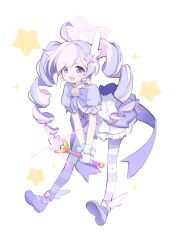  1girl absurdres ahoge blue_archive chiimanju commentary drill_hair earrings full_body gloves hair_ornament halo highres holding holding_wand jewelry long_hair mary_janes official_alternate_costume open_mouth pantyhose pink_hair pink_halo puffy_short_sleeves puffy_sleeves purple_hair purple_pantyhose purple_shoes reisa_(blue_archive) reisa_(magical)_(blue_archive) shoe_soles shoes short_sleeves solo star_(symbol) star_earrings star_hair_ornament star_halo striped_clothes striped_pantyhose twin_drills twintails violet_eyes wand white_background white_gloves wing_hair_ornament 