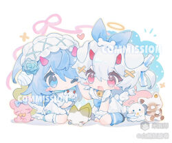 2girls :3 :d ;3 animal_ears bai_xiong_nailaojuan blue_eyes blue_hair blue_ribbon blue_socks blush_stickers chibi chibi_only closed_mouth commission dog_ears dog_girl dog_tail double-parted_bangs dress fangs full_body hair_between_eyes hair_ribbon hairband highres horns long_hair looking_at_viewer mihuashi_username multiple_girls one_eye_closed open_mouth original pink_eyes pink_horns red_horns ribbon short_sleeves smile socks standing tail white_dress white_hair white_hairband 