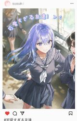  3girls absurdres black_hair blush brown_shoes commentary_request dappled_sunlight fake_screenshot grey_sailor_collar grey_serafuku grey_skirt hands_on_own_hips heic-to-png_conversion highres idolmaster idolmaster_shiny_colors long_hair long_sleeves looking_at_viewer md5_mismatch multiple_girls neckerchief open_mouth pleated_skirt polaroid_photo purple_hair qinglai_haiji sailor_collar school_uniform serafuku shoes short_hair skirt smile smug socks sunlight suzuki_hana white_neckerchief white_socks window 