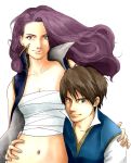  1girl bad_id bandage bandaged_chest bandages breast_bind brown_hair butz_klauser couple faris_scherwiz female final_fantasy final_fantasy_v jacket long_hair makio_(battle_of_my_generation) navel open_clothes purple_hair sarashi tomboy wind 