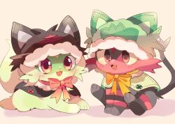  animal_focus blush cat clothed_pokemon colored_sclera commentary_request cosplay fangs happy highres hood hoodie litten litten_(cosplay) lying open_mouth pink_eyes pokemon pokemon_(creature) pokemon_focus red_eyes ribbon robe shadow simple_background sitting smile sprigatito sprigatito_(cosplay) yellow_sclera yupo_0322 