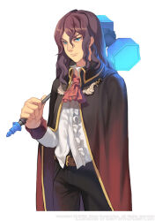  1boy ascot black_cloak black_pants blue_eyes brown_hair caesty center_frills cloak collared_cloak commentary_request cowboy_shot dated_commentary dress_pants dress_shirt emile_muret fantasy frilled_shirt_collar frills glowing glowing_weapon hair_between_eyes high_collar holding holding_mallet holding_weapon korean_commentary light_frown long_sleeves looking_at_viewer male_focus mallet medium_hair nexon nose official_art pants popped_collar production_art red_ascot red_cloak shirt simple_background sleeve_cuffs tales_weaver two-tone_cloak v-shaped_eyebrows wavy_hair weapon white_background white_shirt white_sleeves 