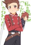  blush brown_eyes brown_hair can&#039;t_be_this_cute can't_be_this_cute father_and_son kratos_aurion lloyd_irving male matakakisama multiple_boys ore_no_imouto_ga_konna_ni_kawaii_wake_ga_nai parody spoilers sweatdrop tales_of_(series) tales_of_symphonia translated translation_request white_background 