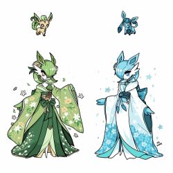  animal_ears blue_eyes blue_hair brown_eyes chibi clothed_pokemon floral_print flower fusion gardevoir glaceon green_hair hair_flower hair_ornament hair_over_one_eye highres japanese_clothes leafeon mamobot pokemon pokemon_(creature) signature simple_background smile snowflakes white_background wide_sleeves 