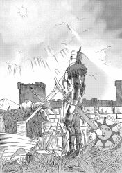  1boy 913kousatu absurdres broken_statue clouds commentary_request dark_souls_(series) dark_souls_i day full_body grass greyscale highres in-universe_location knight male_focus monochrome outdoors pants polearm ruins scabbard sheath shield solaire_of_astora solo spear standing sun sword tunic weapon 
