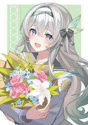  1girl :d blush bouquet firefly_(honkai:_star_rail) firefly_(spring_missive)_(honkai:_star_rail) green_background grey_hair grey_sailor_collar holding holding_bouquet honkai:_star_rail honkai_(series) kiki-yu long_hair looking_at_viewer multicolored_eyes official_alternate_costume open_mouth sailor_collar shirt smile solo two-tone_eyes upper_body violet_eyes white_shirt 