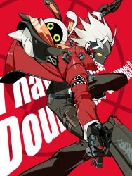  1boy bandana bandana_around_neck bangboo_(zenless_zone_zero) belt billy_kid black_shoes brown_pants clothed_robot commentary_request dual_wielding eous_(zenless_zone_zero) gun highres holding holding_gun holding_weapon humanoid_robot ibaraki_baito jacket male_focus mechanical_hands open_clothes orange_bandana pants pouch red_background red_jacket robot robot_boy shoes thigh_pouch weapon white_hair yellow_eyes zenless_zone_zero zipper 