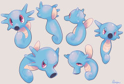  absurdres commentary_request fish full_body grey_background highres horsea multiple_views no_humans ouran pokemon pokemon_(creature) red_eyes seahorse signature simple_background 