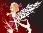  alternate_wings ascot bee_(artist) black_hair black_legwear black_thighhighs blonde_hair blush fire flame flandre_scarlet hat highres red_eyes smile solo the_embodiment_of_scarlet_devil thigh-highs thighhighs touhou wings zettai_ryouiki 