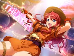  1girl blue_eyes breasts brown_hat brown_skirt cowboy_western game_cg gemini_sunrise gloves hat holding holding_sword holding_weapon long_hair looking_at_viewer medium_breasts miniskirt official_art open_mouth orange_gloves red_hair sakura_taisen shoujo_kageki_revue_starlight shoujo_kageki_revue_starlight_-re_live- skirt solo stage sword theater upper_body weapon 