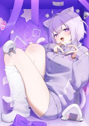  1girl animal_ear_fluff animal_ears breasts cat_ears cat_girl cat_tail commentary full_body heart heart_hands highres hololive jacket kitasaya_ai large_breasts leg_warmers nekomata_okayu nekomata_okayu_(membership) official_alternate_costume purple_hair purple_jacket purple_shorts short_hair shorts signature solo symbol-only_commentary tail violet_eyes virtual_youtuber white_leg_warmers 