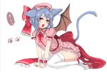  1girl animal_ears bat_wings blue_hair bow cat_ears cat_tail frills hat hat_ribbon high_heels jewelry kemonomimi_mode looking_at_viewer mob_cap open_mouth panzer paw_print puffy_sleeves red_eyes remilia_scarlet ribbon sash shirt short_hair short_sleeves simple_background sitting skirt skirt_set smile solo tail text thigh-highs touhou whiskers white_background white_legwear wings wrist_cuffs zettai_ryouiki 