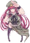  black_legwear black_thighhighs blue_eyes braid breasts foreshortening hat highres hong_meiling large_breasts long_hair panzer red_hair redhead solo thigh-highs thighhighs touhou twin_braids wink 