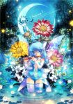  blue_hair crescent_moon fairy_wings fish flower flute glasses instrument lotus mabinogi mariko_(leda) moon night night_sky pinky_out siren_(mabinogi) sky solo star star_(sky) wading water wings wink 