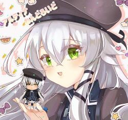  1girl altina_orion beret commentary_request crossed_bangs eiyuu_densetsu figure green_eyes grey_hat hair_between_eyes hat long_hair looking_at_viewer open_mouth real_life_insert sen_no_kiseki_(series) sen_no_kiseki_iii smile solo two_side_up white_hair zer00han 