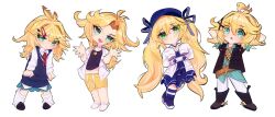  1girl angry aqua_shirt bandolier belt black_boots black_gloves black_jacket black_shirt black_veil blonde_hair blue_dress boots chibi chibi_only commentary cowboy_boots crocs cropped_shirt dokibird dokibird_(bounty_hunter) dokibird_(retro_doki) dokibird_(school_uniform) dokibird_(summer) dress embarrassed english_commentary fang feather_hair full_body gloves green_eyes hair_ornament highres indie_virtual_youtuber jacket long_hair looking_at_viewer loose_socks low_twintails male_swimwear multiple_views official_alternate_costume school_uniform shirt simple_background skin_fang smug socks sweater_vest swim_trunks troubleshooter_bun twintails veil very_long_hair virtual_youtuber white_background white_jacket white_socks x_hair_ornament 