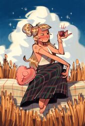  1girl barefoot black_skirt blonde_hair bracelet clouds cloudy_sky collarbone commentary cumulonimbus_cloud english_commentary feet food friedbaens from_side fruit full_body hand_on_own_knee highres holding holding_food holding_fruit jewelry long_hair long_skirt looking_to_the_side mole mole_under_mouth nail_polish one_eye_closed original pomegranate red_nails sitting skirt sky sleeveless solo tarot the_empress_(tarot) toes venus_symbol 
