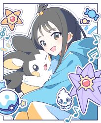  1girl 2o_oxo black_hair blue_hoodie blush candy colored_skin commentary_request cube_hair_ornament dive_ball earclip emolga food gem grey_eyes hair_ornament highres holding holding_pokemon hood hood_down hoodie ice_cream_cone jacket leggings lida_(pokemon) long_hair long_legs long_sleeves looking_at_viewer mega_pokemon mega_starmie musical_note one_eye_closed open_mouth orange_leggings poke_ball pokemon pokemon_(creature) pokemon_legends:_z-a purple_skin rare_candy red_gemstone smile star_(symbol) starfish starmie topknot two-tone_legwear vanillite white_leggings wings wispy_bangs 