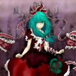  absurdres bad_id bow dress fingernails frills green_eyes green_hair grin hair_bow hair_ribbon highres kagiyama_hina maki_(huran) nail nail_polish nails ribbon smile solo touhou 