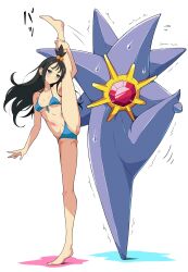  1girl absurdres bare_shoulders bikini black_hair blue_bikini blush breasts closed_mouth collarbone colored_skin cube_hair_ornament earclip eggman_(ni_tamagoex) gem grey_eyes hair_ornament highres holding_own_leg lida_(pokemon) long_hair medium_breasts mega_pokemon mega_starmie navel no_eyes pokemon pokemon_(creature) pokemon_legends:_z-a purple_skin red_gemstone split standing standing_on_one_leg standing_split starfish starmie stomach struggling sweat swimsuit topknot wispy_bangs 